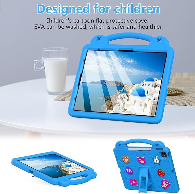 Cute Kids Case for Apple iPad Air 13" M4 M3 M2 2026 2025 2024/ iPad Pro 13 2025 2024/ Pro 12.9 2022/2021/2020/2018, DIY Figures Kickstand EVA Handle Case with Shoulder Strap Shockproof Cover,SkyBlue