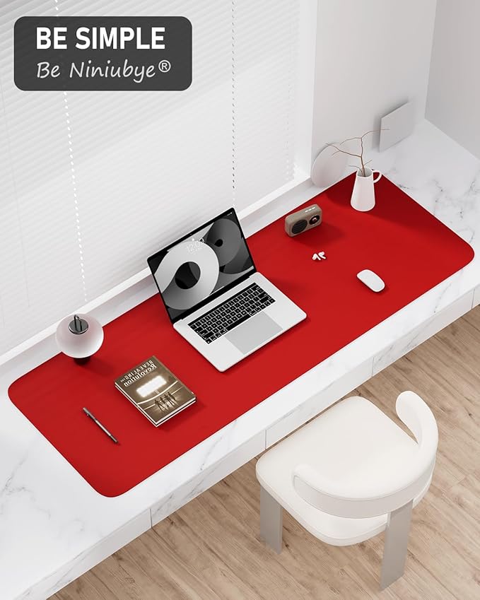 Desk Pad, 48" x 17" PU Leather Non-Slip Desk Mat Large Mouse Pad for Desktop, Waterproof Laptop Computer Writing Mat for Office, Home, Work, Gaming, Bright Red