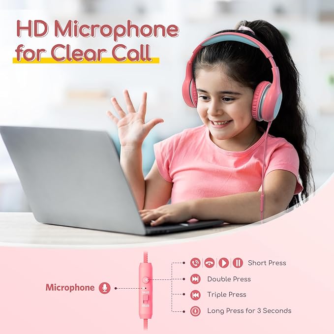 EarFun Kids Headphones Wired with Microphone, 85/94dB Volume Limit Headphones for Kids, Portable Wired Headphone with Shareport, Stereo Sound Foldable Headset for School/Tablet/iPad/Kindle Pink