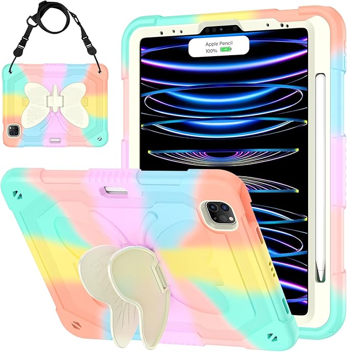 HOGENL for iPad Pro 11 inch Case for Kids Girl with Pencil Holder,for iPad Air 5th/4th Generation Case 10.9" with Butterfly Stand Shoulder Strap Protective Cover for pro 11 4th/3rd/2nd/1st, Colourful