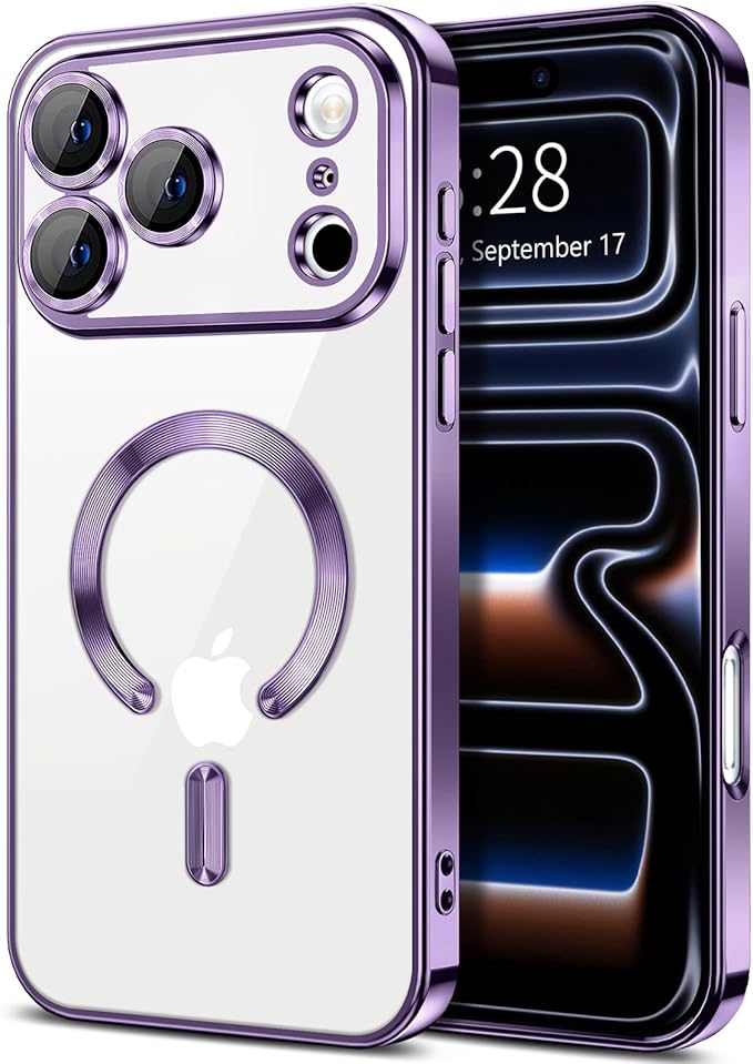 Hython Magnetic Clear for iPhone 17 Pro Max Case with Camera Lens Protector [Compatible with MagSafe] Plating Edge Slim Soft TPU Cover Protective Phone Case for iPhone 17 Pro Max 6.9", Deep Purple