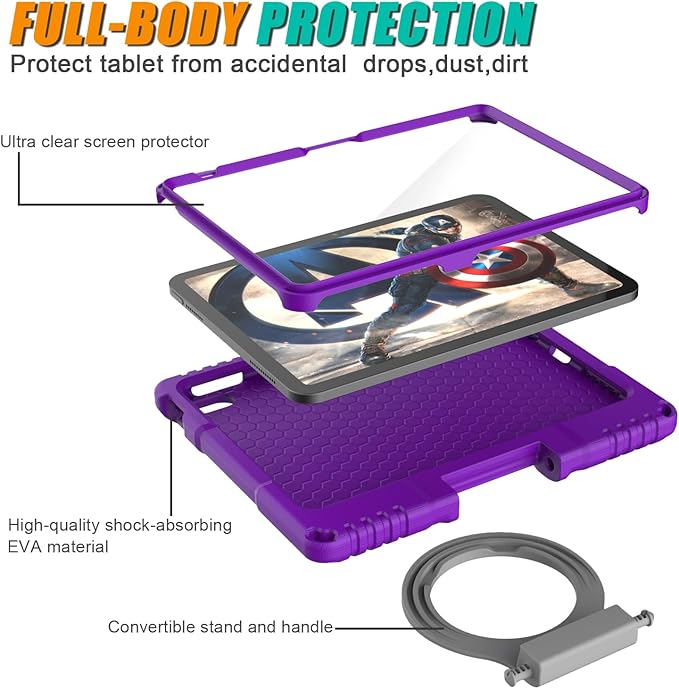 Kids Case for iPad 10th Generation 10.9-inch (2022) & iPad Air 11-inch M2 (2024) & iPad Pro 11-inch M4 (2024), Lightweight Shockproof Case Built-in Screen Protector with Handle Stand, Purple