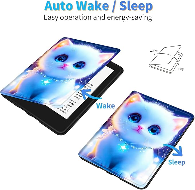 for Amazon Kindle Fire 7 (12th Generation, 2022 Release) 7" Tablet Case, Slim Kickstand Stand Leather Smart Cover with Auto Wake/Sleep, White Blue Eyed Cat