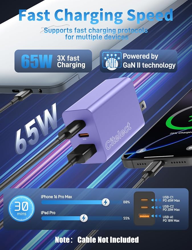 2Pack 65W USB C Charger Block, 3Port Fast Charging Adapter,Type C Fast Charging Blocks Cube PD USBC Wall Plug+QC3.0 USB A Charger Brick for MacBook Pro/Air,iPad,iPhone17/16,Samsung S26/S25&More-Purple