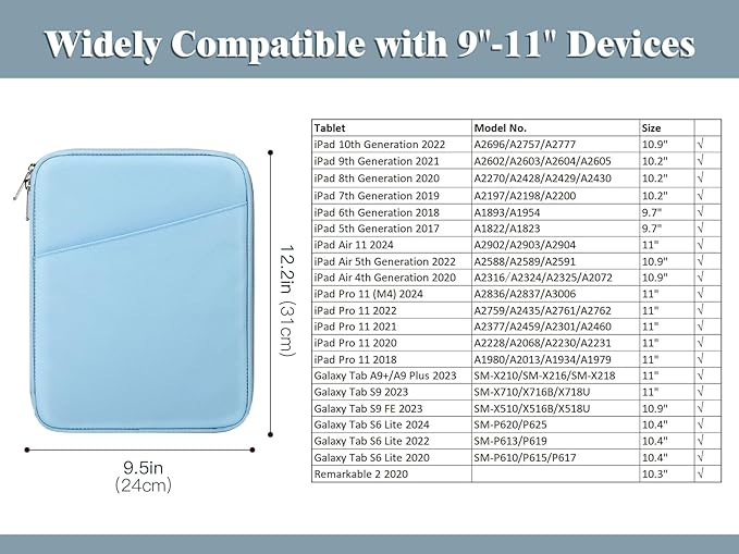 TiMOVO 9-11" Tablet Sleeve Bag for iPad 11-inch A16 2025, iPad 10.9"/10.2"| Air 11 Inch/5th/4th Gen. 10.9", Galaxy Tab A9+/A11Plus 11", Protective Bag with Pocket, Light Blue
