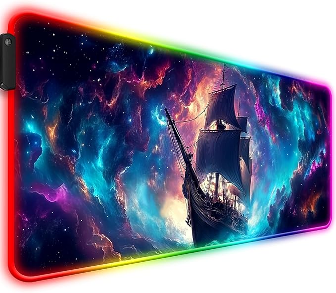 RGB Fantasy Pirate Ship Gaming Desk Mat, Computer Keyboard Large Extended Long LED Mouse Pad for Office and Home, XL (W01)