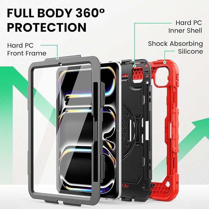 SEYMAC for iPad Pro 11 Inch Case M5 2025 / M4 2024, Heavy Duty Shockproof Protective Case with Screen Protector, 360° Rotating Stand, Hand/Shoulder Strap and Pen Holder, Red