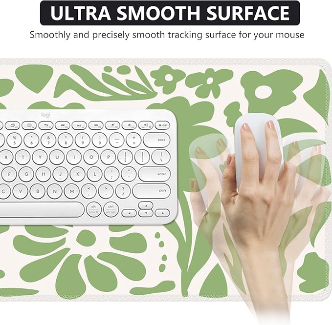 iCasso Desk Mat, XXL Large Anti-Slip Mouse Pad with Stitched Edges, Keyboard Mat for Work, Gaming (Green Flowers)