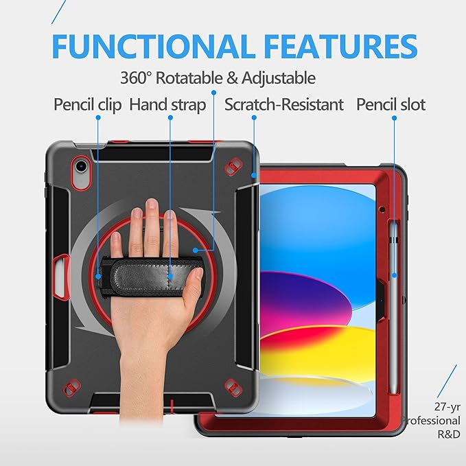 Case for iPad (A16) 11th/10th Generation Case: Protective Cover for iPad 11th Gen 11 Inch 2025 &10th Gen 10.9" 2022 with Screen Protector- Stand- Shoulder Strap- Handle- Pencil Holder-Red+Black