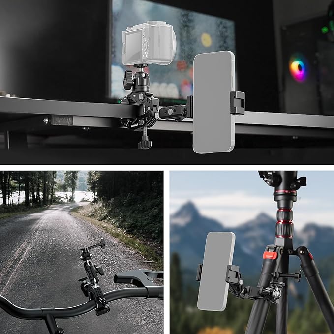 NEEWER Super Clamp with 3" Dual Ballhead Magic Arm, Ball Head Adapter, Cold Shoe, Phone Holder, Action Camera Clamp Mount for Flat/Round Surface Compatible with GoPro DJI iPhone 15 Pro Max, ST85