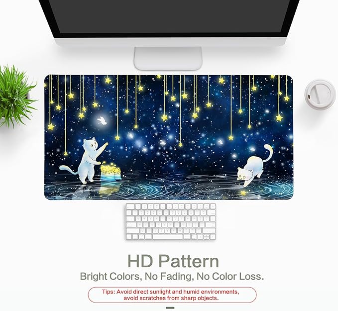 Cat Mouse Pad Desk Mat, Picking Star Cats Gaming Mouse Pad Blue Starry Sky Desk Pad Mousepad XXL Extended Keyboard Mat Mouse Mats, Waterproof, Computer Accessories, Gaming Room Decor, Magic Gift