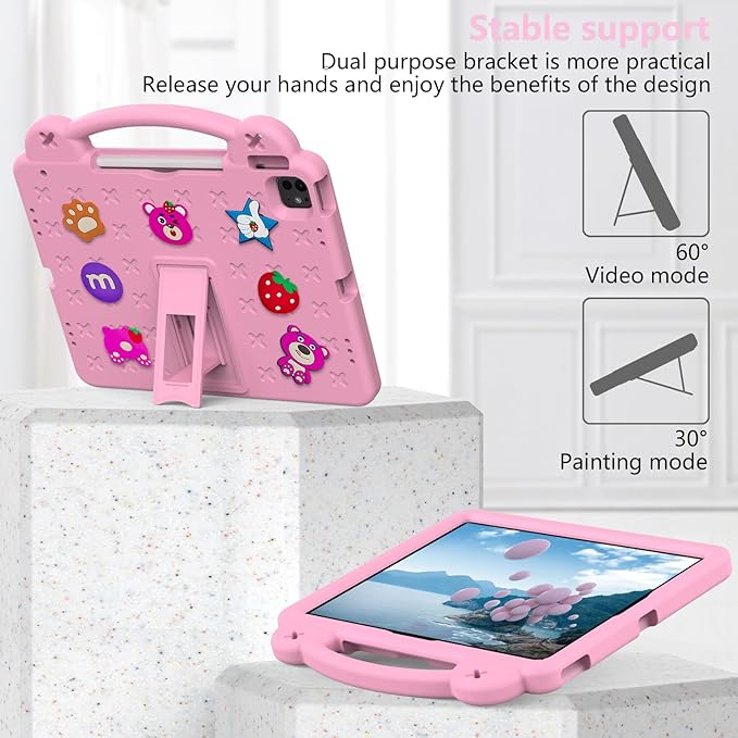 Cute Kids Case for Apple iPad Air 13" M4 M3 M2 2026 2025 2024/ iPad Pro 13 2025 2024/ Pro 12.9 2022/2021/2020/2018, DIY Figures Kickstand EVA Handle Case with Shoulder Strap Shockproof Cover,Pink
