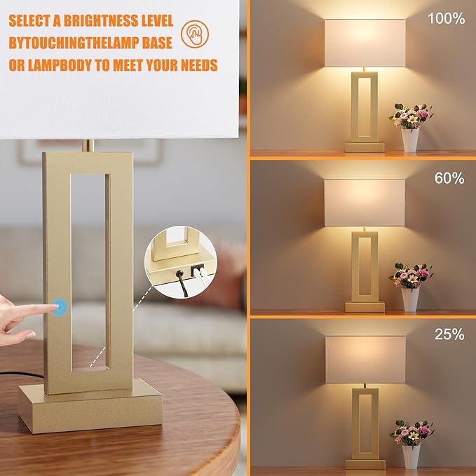 Seealle Nightstand Table Lamps for Bedrooms Set of 2 - Touch Bedside Lamp with USB C+A, 3 Way Dimmable Living Room Lamps for End Tables Set of 2(White&Gold)