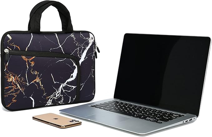 14 15 15.4 15.6 inch Laptop Handle Bag Computer Protect Case Holder Notebook Sleeve Neoprene Cover Soft Carrying Case with Extra Pockets For Dell Lenovo Toshiba HP Chromebook ASUS Acer(Black Marble)