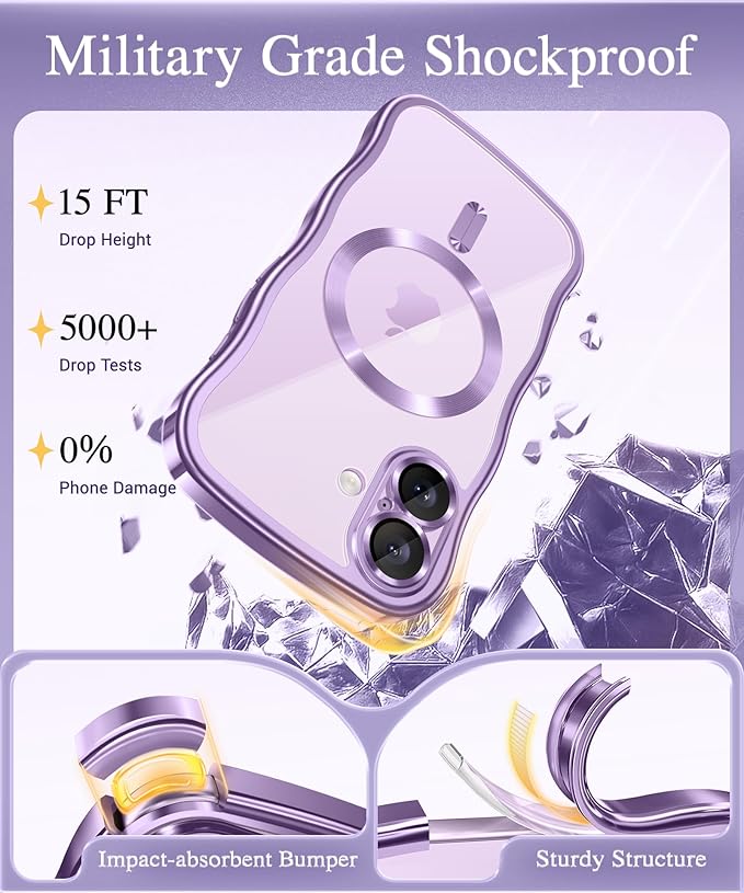 GVIEWIN for iPhone 17 Case Compatible with MagSafe, Upgraded [Full Camera Protection][Cute Wave Frame][Military Grade Protection] Electroplated Hard Phone Cover for Women Girl, Clear/Lilac Purple