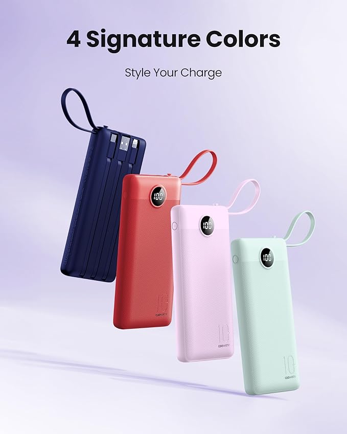 Portable Charger with Built-in Cable, 10000mAh Slim USB C Power Bank, External Battery Pack 5 Outputs 2 Inputs LED Display Compatible with iPhone/Android & More (Lavender)