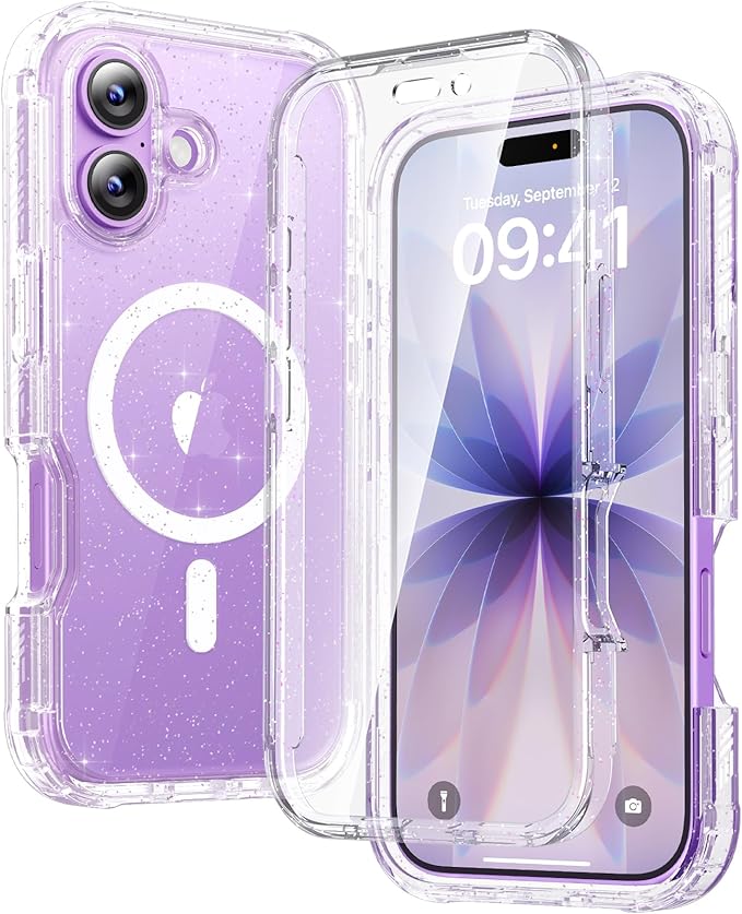 Diaclara Magnetic Designed for iPhone 17 Case 6.3 Inch Full Body Bumper,[Compatible with MagSafe] Military Drop Proof Cover with Built-in Touch Sensitive Anti-Scratch Screen Protector Clear Glitter