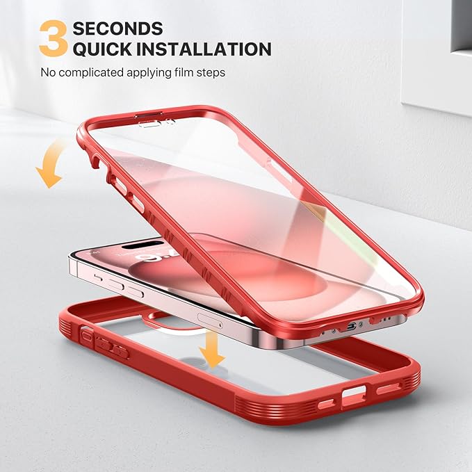 Diaclara Designed for iPhone 15 Case, Full Body Rugged Case with Built-in Touch Sensitive Anti-Scratch Screen Protector, with Camera Lens Protector for iPhone 15 6.1" (Red)