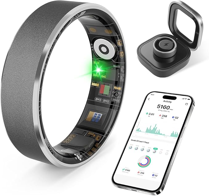 Smart Health Ring, Featuring Stress and Sleep Monitoring Functions, Compatible with iOS and Android, Waterproof Fitness Tracker for Women & Men, No Subscription Fee. (Gunmetal Gray, 9)