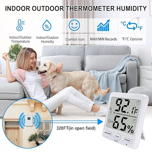 Urageuxy Indoor Outdoor Thermometer Wireless Digital Hygrometer Temperature and Humidity Gauge Monitor with Remote Sensor 4.8 Inches Large Display for Room Greenhouse Garden