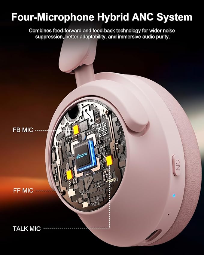 Hybrid Active Noise Cancelling Headphones, Over-Ear Bluetooth Headphone with Hi-Res Audio, 60H Playtime, Deep Bass, Transparency Mode, Foldable Comfort Ear Cups, Ideal gift for Travel Office - Pink