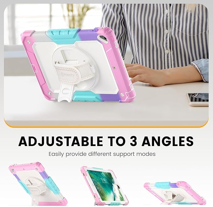 Timecity Kids Case for iPad 6th/5th Generation (9.7-inch, 2018/2017), for iPad Air 2, Full-Body Protective Case with Screen Protector, Swivel Stand&Handle, Shoulder Strap for iPad 9.7 inch- Pink Camo