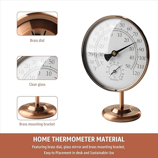 4-Inch Indoor Thermometer and Humidity Gauge, Room Analog Temperature and Humidity Monitor, Dual Scale Display, Brass Dial with Stand, Battery-Free for House, Home, Desk, Bedroom, Garage, RV