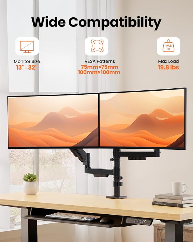 ErGear Vertical Dual Monitor Stand, Stacked Monitor Mount for 13-32″ Screens, Up to 19.8 lbs per Arm, Enhanced Stability with Integrated C-Clamp, Upgraded Cable Management, VESA 75x75/100x100mm, Black