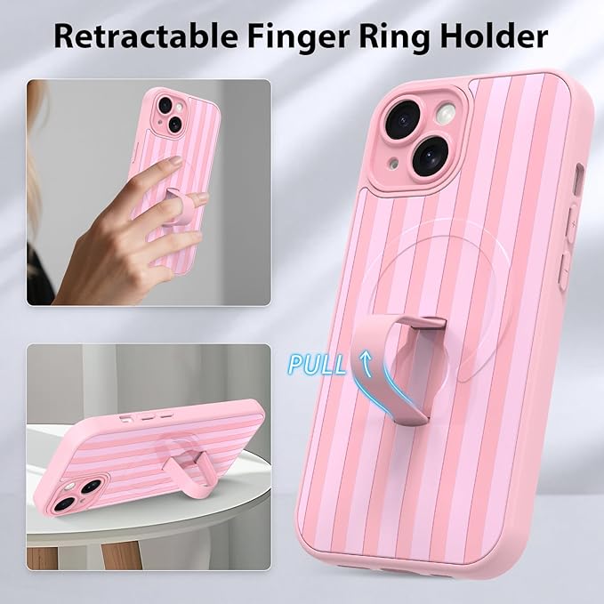 KANGHAR Compatible with iPhone 15 Case, Support for MagSafe, Silicone Stripes Cute Pattern, Wristband Kickstand Camera Protection Soft Slim Cover for Girls Women -Pink