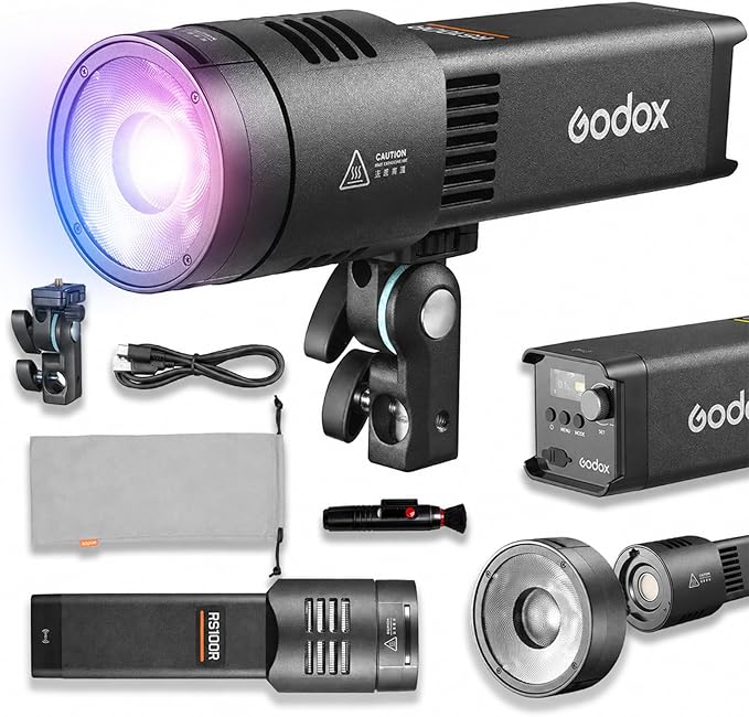 Godox RS100R 100W RGB LED Video Light, Built-in Battery COB Photography Light, 18100Lux, 1800K-10000K, 0.1% Dimming, USB-C Charging, App/DMX Control for Studio Video Streaming & Content Creation