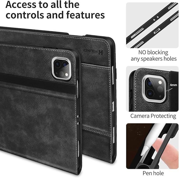 H HOLIMET Case for iPad Pro 11 inch M5 2025/M4 2024 with Pencil Holder Supports Pencil Pro and Pencil Auto Sleep/Wake Function Vegan Leather Smart Stand Cover (Black)