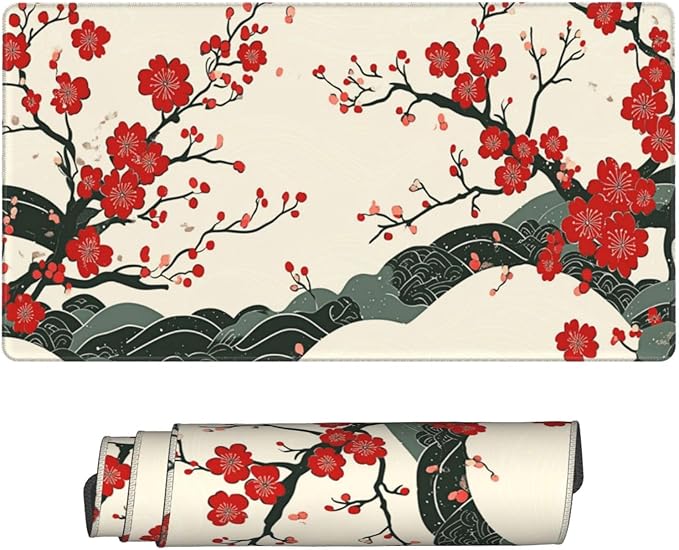 AQQA Japanese Desk Mat, Cherry Blossom Waves Large Gaming Mouse Pad, XL Anime Gaming Keyboard Mat Non-Slip Rubber Base Mousepad Desk Decor for Women Home Office, 31.5”x15.7”