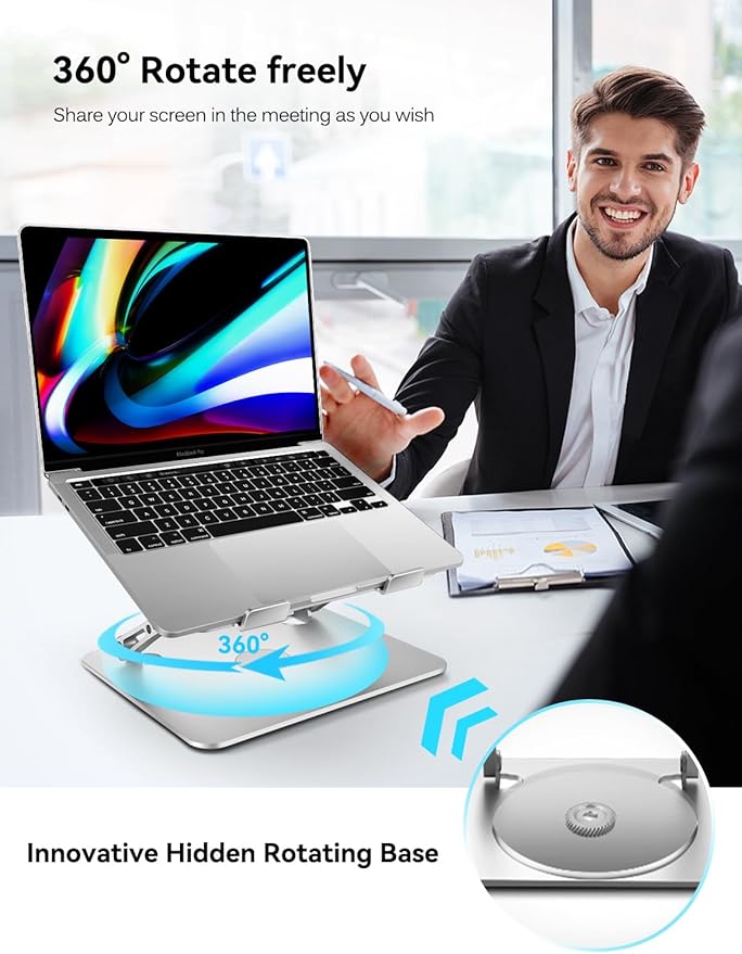 ivoler Adjustable Laptop Stand with 360° Rotating Base, Ergonomic Laptop Stand for Desk, Foldable & Portable Laptop Riser, for Collaborative Work, Fit MacBook Laptops up to 16 inches Silver