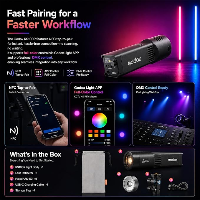 Godox RS100R 100W RGB LED Video Light, Built-in Battery COB Photography Light, 18100Lux, 1800K-10000K, 0.1% Dimming, USB-C Charging, App/DMX Control for Studio Video Streaming & Content Creation