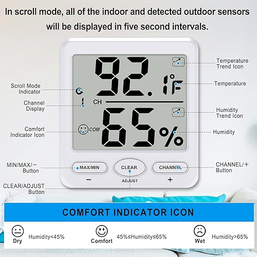 Urageuxy Indoor Outdoor Thermometer Wireless Digital Hygrometer Temperature and Humidity Gauge Monitor with Remote Sensor 4.8 Inches Large Display for Room Greenhouse Garden
