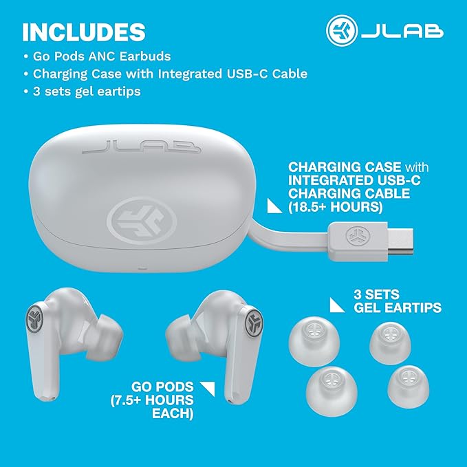 JLab, Go Pods ANC, True Wireless Earbuds, Active Noise Cancelling, Bluetooth, Cloud White