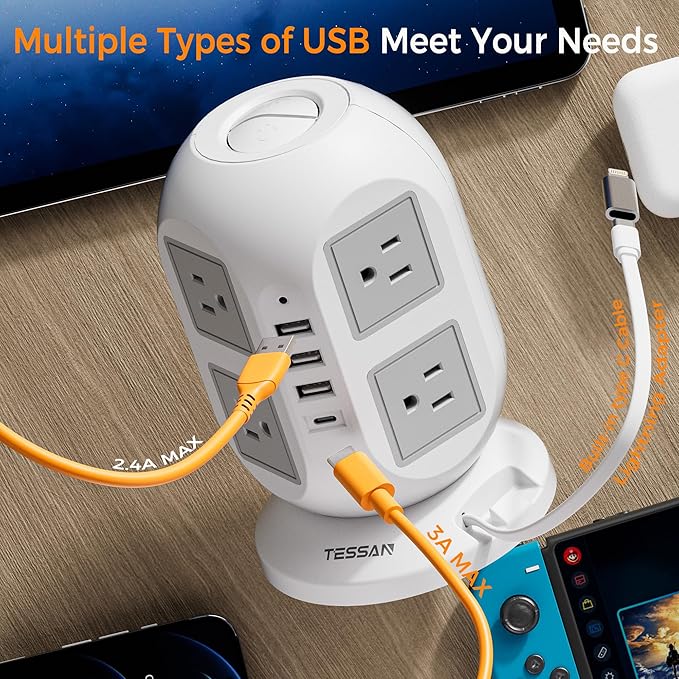 Tower Surge Protector Power Strip 10 ft, Long Flat Extension Cord with Multiple Outlets, 8 AC Outlets with 4 USB Ports, 1 Built-in USB Cable, Charging Station with Surge Protection, for Home Office