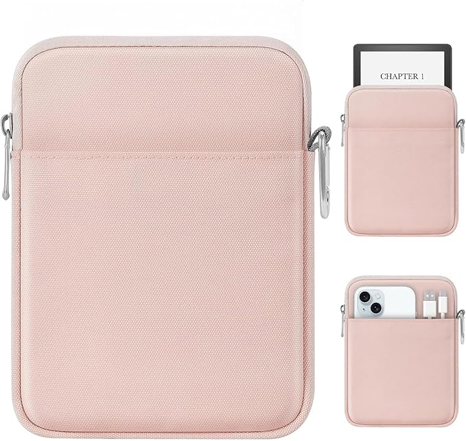 MoKo Padded Ereader Sleeve Case for 6-7 inch Ereader Tablet Bag Protective Cover Pouch with a Carabiner, Compatible with 7" eReader Colorsoft Signature Edition 2024, Pink