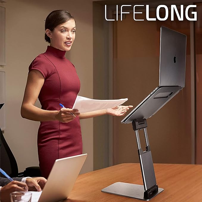 Lifelong Laptop Stand for Desk, Ergonomic Sit to Stand Premium Aluminum Laptop Holder, Adjustable Height from 2.1" to 20", Compatible with MacBook, All Laptops Tablets 11-17" - Silver