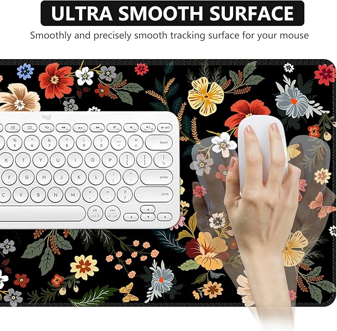 iCasso Desk Matt for Desktop, Cute Desk Pad Mat, XXL Large Mouse Pad, Anti-Slip Big Mousepad with Stitched Edges, Keyboard Pad Mouse Mat for Computer, Work, Gaming (Floral)
