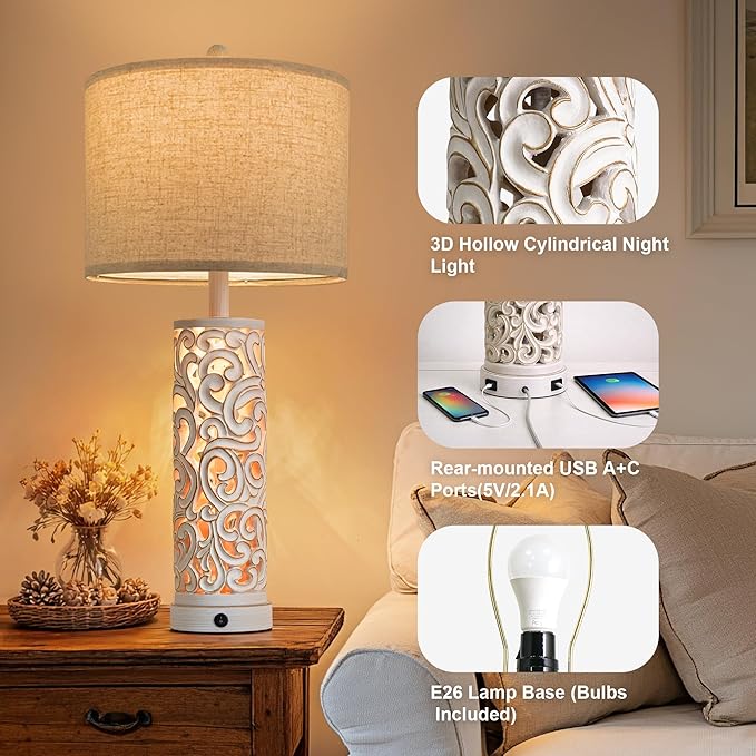 OYEARS 2-in-1 Light Table Lamp Set of 2 for Living Room, 28.5" Farmhouse Bedside Lamps with USB Charging Port, Main&Night Light & Dual Switches, Nightstand Lamp for Bedroom Home Office(Bulb Included)