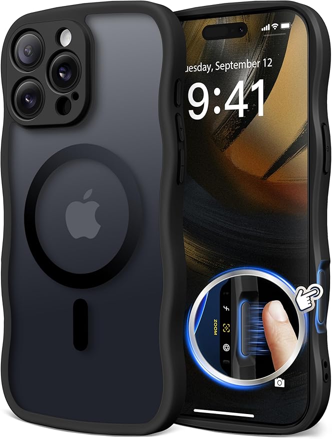 CAPRARO for iPhone 16 Pro Case for Women Girls, Upgraded [Full Camera Protection] [Compatible with MagSafe] Cute Wave Translucent Matte Phone Case for iPhone 16 Pro, Black