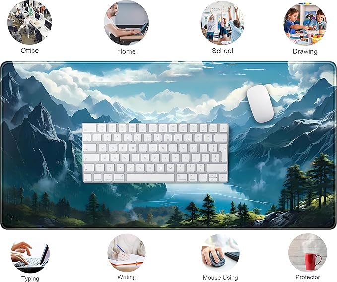 Aesthetic Mountain Vista Desk Mat, Blue Natural Wonder XXL Large Extended Gaming Mouse Pad Mat Non-Slip Mousepad, Computer Keyboard and Mouse Mat, Desk Pad with Stitched Edges, 31.5x15.75 in