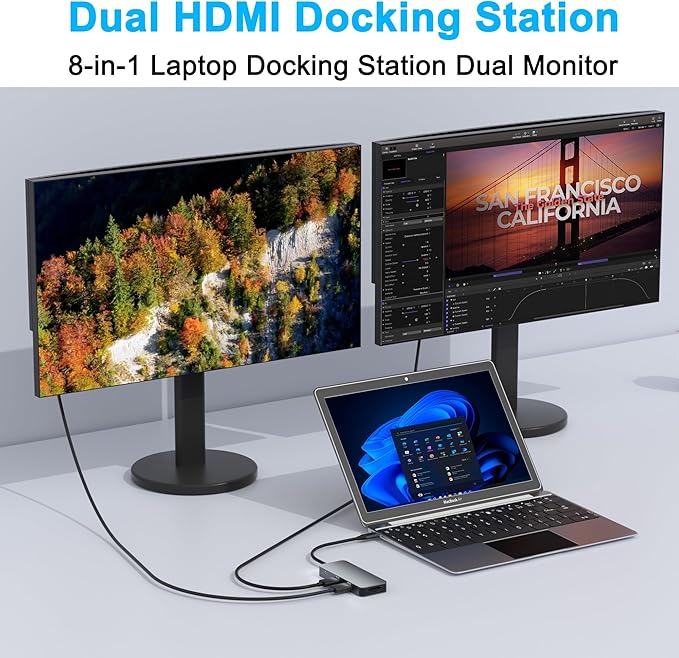 Dual HDMI Adapter for 2 Monitors, Laptop Docking Station Dual Monitor, HDMI Splitter for Dual Monitors, 4K@60hz Double Monitor Adapter, USB C Docking Station for Dell/HP/Mac Laptop