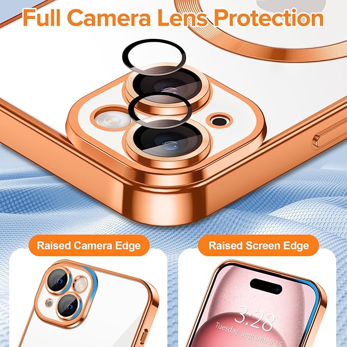 Hython Magnetic Clear for iPhone 15 Case with Camera Lens Protector [Compatible with MagSafe] Luxury Plating Edge Slim Soft TPU Cover Protective Phone Case for iPhone 15 6.1", Orange
