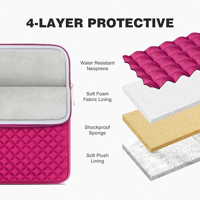 RAINYEAR 16 Inch Laptop Sleeve Diamond Foam Shock Resistant Padded Case Fluffy Lining Zipper Cover Carrying Bag Specially Compatible with 16" MacBook M1 M2 M3 M4 M5 A3428 A3429 (Deep Pink)