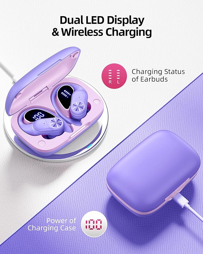 PocBuds Bluetooth Headphones Wireless Earbuds 80hrs Playtime Wireless Charging Case Digital Display Sports Ear buds with Earhook Deep Bass IPX7 Waterproof Over-Ear Earphones for TV Phone Laptop Purple