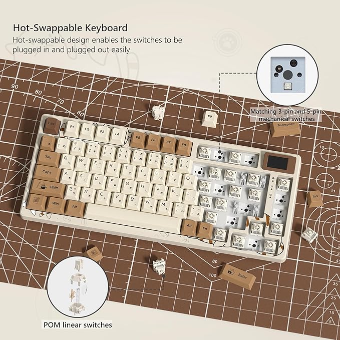 Womier SK80 Retro 75% Keyboard with Color Multimedia Display Mechanical Gaming Keyboard, Hot Swappable Gasket Mount RGB Custom Key Board, Pre-lubed Stabilizer for Mac/Win,Coffee Cat