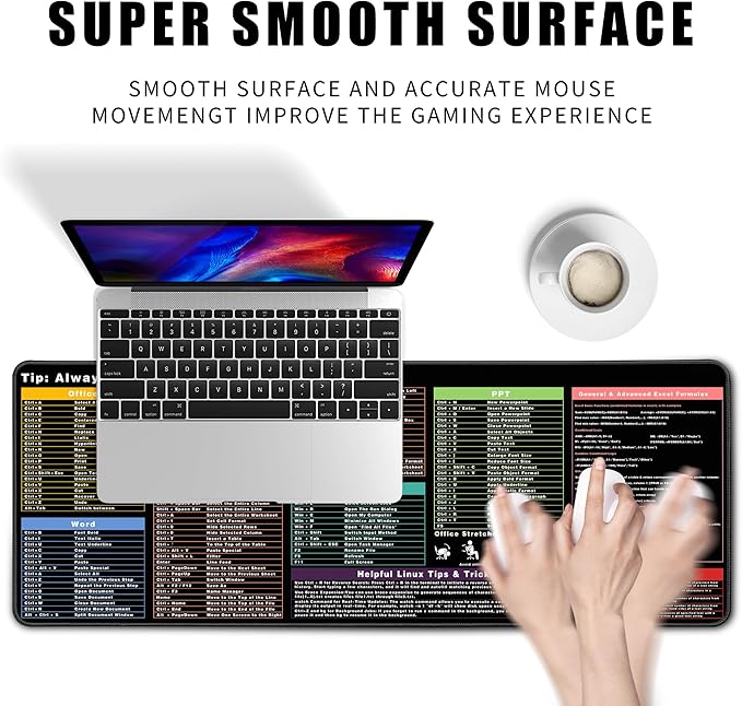 Excel Cheat Sheet Desk Pad Excel Shortcut Keys Mouse Pad Gaming Mouse Pad Desk Accessories Waterproof Non-Slip Large Computer Mat, 31.5x11.8 in (Office Software Shortcut Keys)