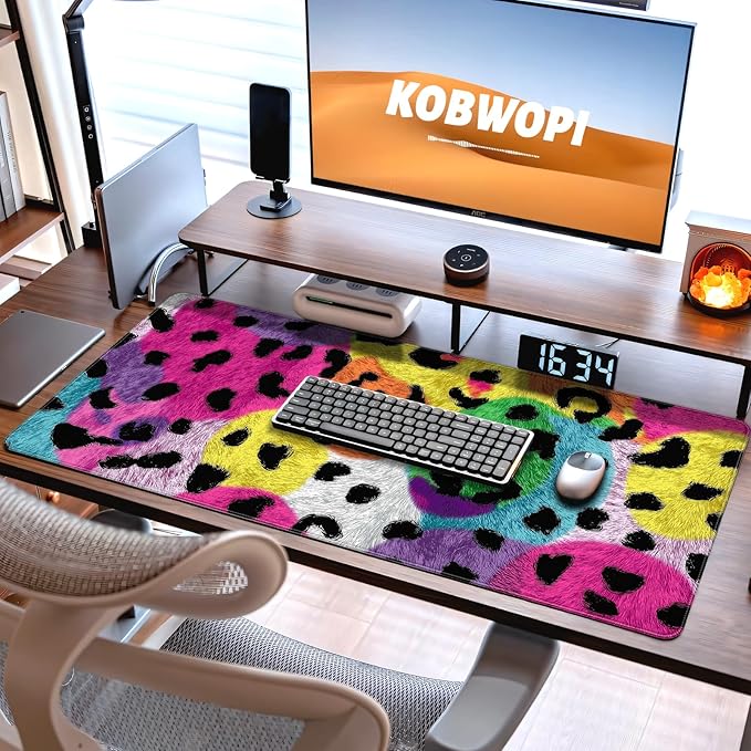 35.4 x 15.7 in, XXL Large Mouse Pad for Desk, Extended Keyboard Mouse Mat for Computer Office, Big Mouse pad with Stitched Edges, Gaming Pc-Leopard Colorful Background